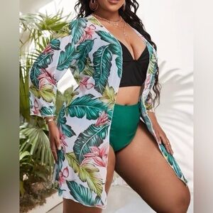 Tropical Floral Print Long Sleeves Kimono Swimsuit Coverup Casual Summer Duster